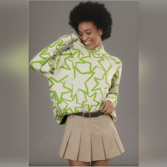 Anthropologie Sweaters - Maeve By Anthropologie The Carys Mock-Neck Swaeter Ivory & Lime Green Star Print